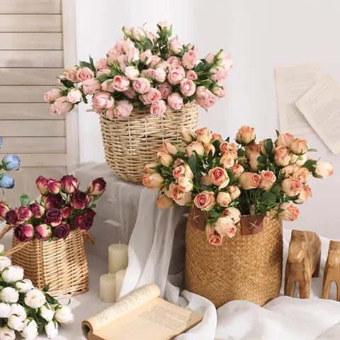 Vintage 7-Kopf Gebrannte Kante Künstliche Rose Simulation Seidenblumenstrauß Für Haus Hochzeit Tischdeko Blumenschmuck