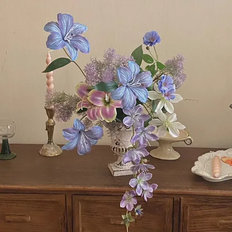 Monet Garten Lila Künstliche Blumen Strauß Mit Vase Vintage Französischen Stil Faux Rose Klematis Für Haus Dekor Fenster Display