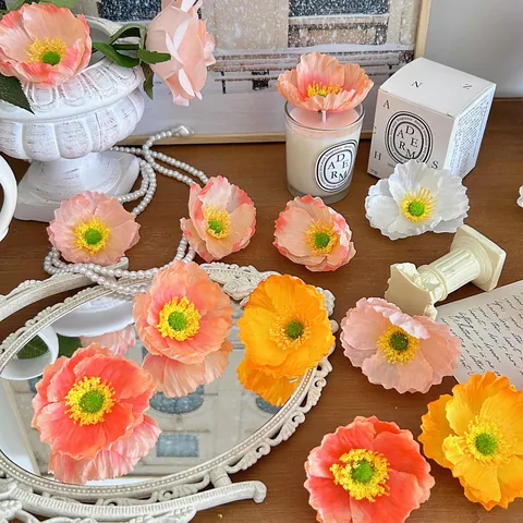 Cabeza de Flor de Amapola Artificial Tela de Satén Decoración Floral para Boda Manualidades DIY Accesorios para el Cabello Utilería de Fotografía Decoración Hogar