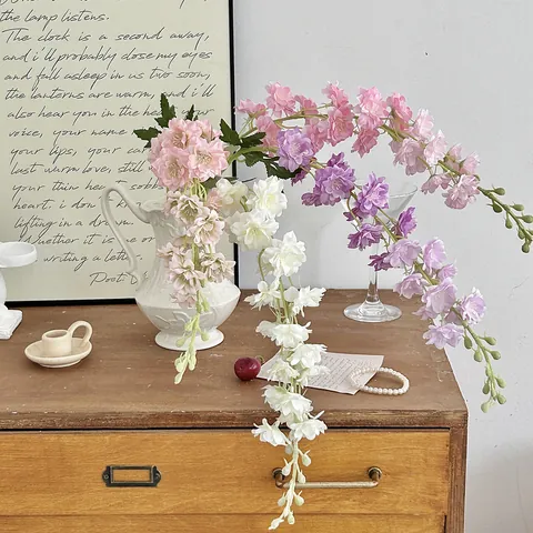 Realistic Satin Delphinium Artificial Flower Long Stem Larkspur For Home Decor Wedding Party Floral Arrangement Photography Props
