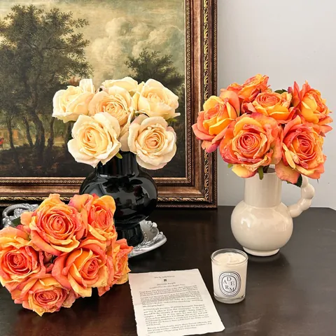 Vintage Burnt Edge Satin Rose Artificial Flower Bouquet Home Table Decor Wedding Party Photography Prop