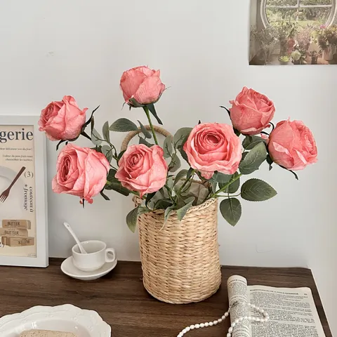 High End Burned Edge Artificial Rose Flower Silk Cloth Realistic Floral Home Living Room Table Decor Bouquet Wedding Photo Props