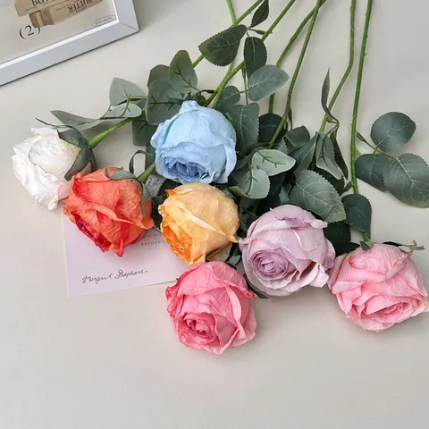 High End Burned Edge Artificial Rose Flower Silk Cloth Realistic Floral Home Living Room Table Decor Bouquet Wedding Photo Props