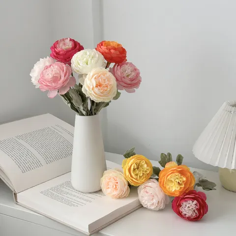 High Simulation Artificial Ranunculus Satin Fabric Flower Flocked Stem Persian Buttercup Bouquet For Home Wedding Decoration