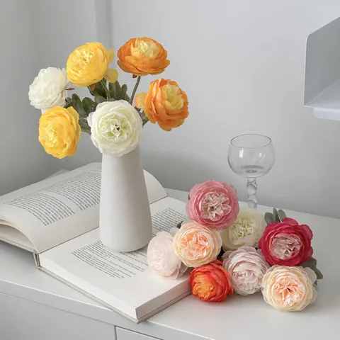 High Simulation Artificial Ranunculus Satin Fabric Flower Flocked Stem Persian Buttercup Bouquet For Home Wedding Decoration