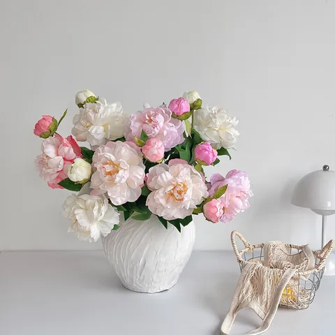Bouquet de Pivoines Artificielles à Deux Têtes en Tissu Satiné Simulation Réaliste pour Décoration de Salon Maison Mariage Accessoires de Photographie