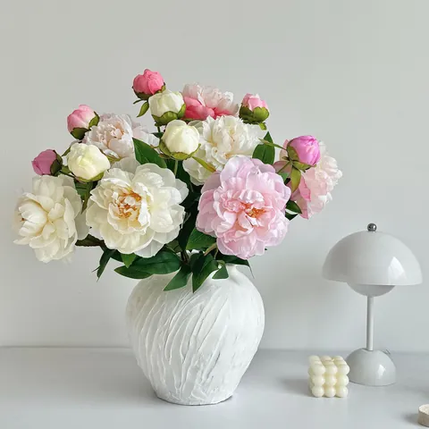 Bouquet de Pivoines Artificielles à Deux Têtes en Tissu Satiné Simulation Réaliste pour Décoration de Salon Maison Mariage Accessoires de Photographie