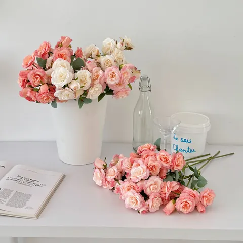 Korean Style Satin Artificial Rose Bouquet Multi Head Fake Flowers For Home Wedding Table Decoration Photography Props Pink White