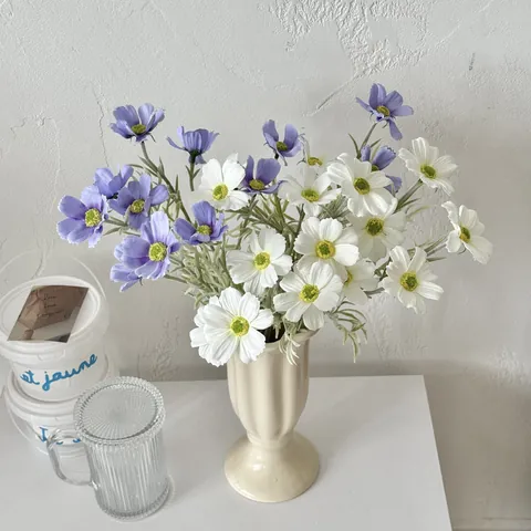 Künstliche Kosmee Seidenblumen Mehrkopf Stiel Faux Gänseblümchen Strauß Für Heim Hochzeit Deko INS Stil Floristik