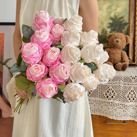 Vintage Artificial Rose Flowers Silk Cloth Burnt Edge Gradient Retro Fake Roses For Home Wedding Party Decor Photography Props