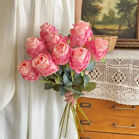 Vintage Artificial Rose Flowers Silk Cloth Burnt Edge Gradient Retro Fake Roses For Home Wedding Party Decor Photography Props