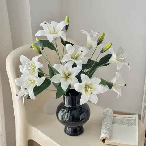 Artificial Lily Flowers Real Touch PVC Faux Lily Bouquet Two Heads And One Bud Long Stem For Home Wedding Party Table Living Room Decoration