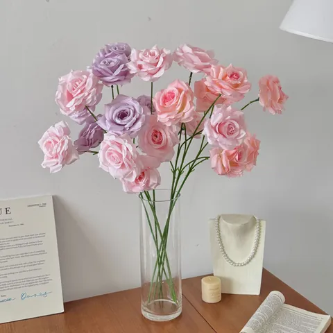 Realistische Satijnen Kunstmatige Rozen Tak Meerdere Koppen Zijden Rozen Voor Huis Bruiloft Feest Decor Realistische Bloemstuk