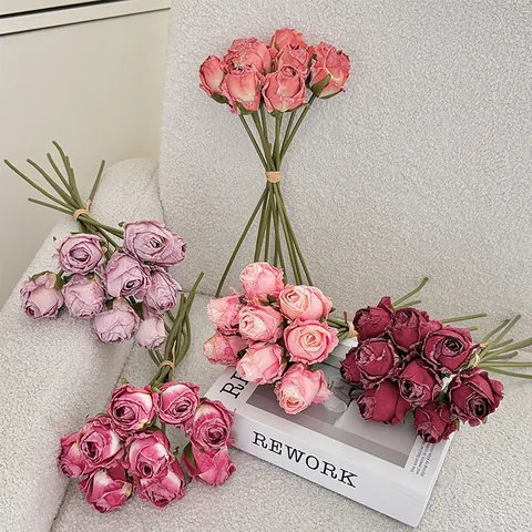 Vintage Angola Rose Silk Artificial Flowers Burnt Edge French Retro Bouquet For Home Wedding Table Party Photography Floral