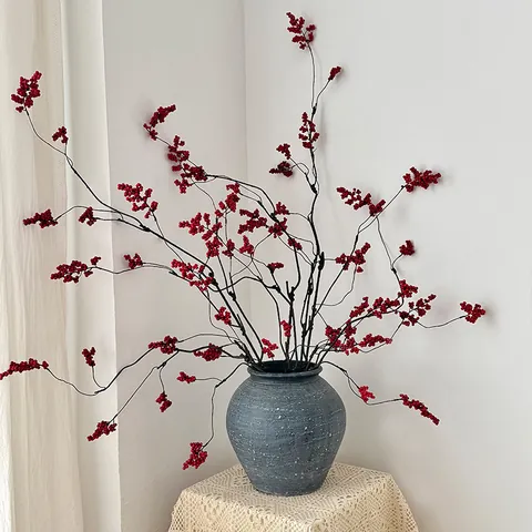 Chinese Style Artificial Red Berry Stems Fortune Fruit Winter Holly For Home Living Room Zen Decoration DIY Flower Arrangement