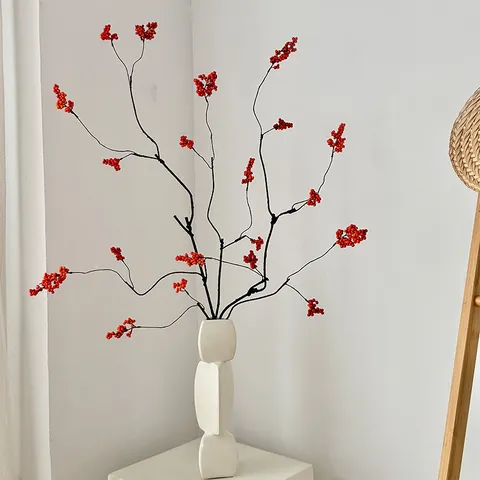Chinese Style Artificial Red Berry Stems Fortune Fruit Winter Holly For Home Living Room Zen Decoration DIY Flower Arrangement