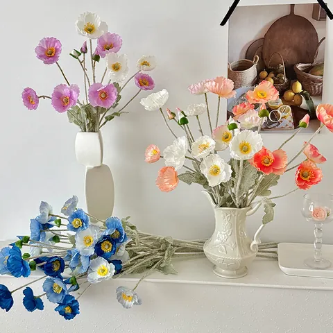 Flores de Seda de Amapola Islandesa Artificiales Tallo Flocado Amapola Falsa para Decoración de Hogar Boda Fiesta Accesorios de Fotografía