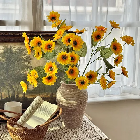 12 Köpfe Künstliche Sonnenblume Seidenstoff Simulation Blume Zweig Für Hochzeit Haus Tisch Deko Fotografie Requisiten Gelb