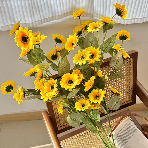 12 Köpfe Künstliche Sonnenblume Seidenstoff Simulation Blume Zweig Für Hochzeit Haus Tisch Deko Fotografie Requisiten Gelb