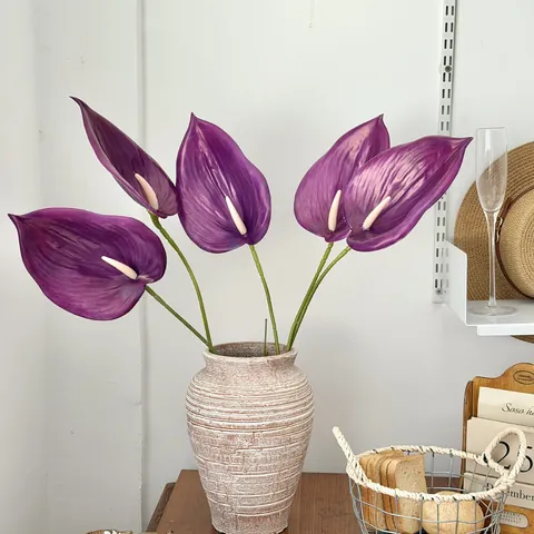 Flor de Anturio Artificial Realista Película de PVC Impresa en 3D Tallo Único Mango Largo Verdor Falso Para Decoración de Boda Hogar Oficina Accesorios Fotografía