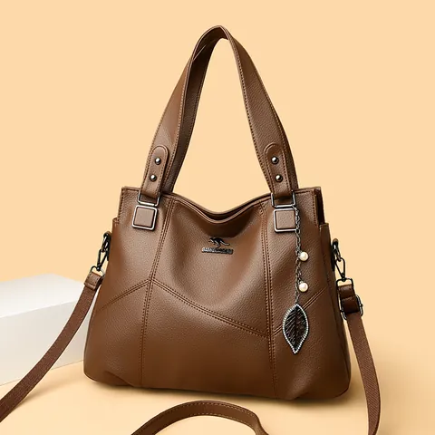 Große Kapazität Damen Leder Handtasche Mit Litchi-Maserung Elegant Spleißen Schultertasche Mit Känguru-Logo Blatt Künstliche Perle Anhänger Tägliche Büro Tote Bag
