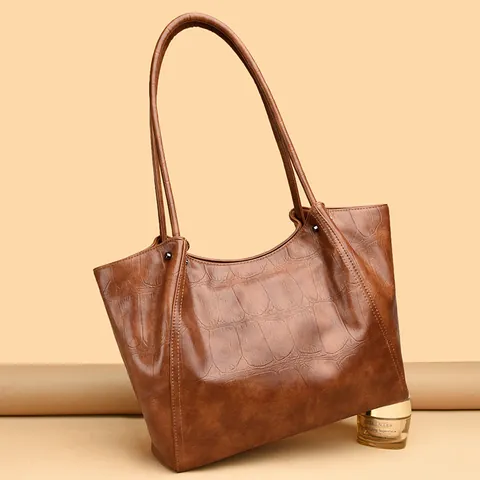 Women Large Capacity Tote Bag Crocodile Pattern Composite Cowhide Leather Shoulder Handbag Commuter Office Bag Elegant Pleated Solid Color Purse