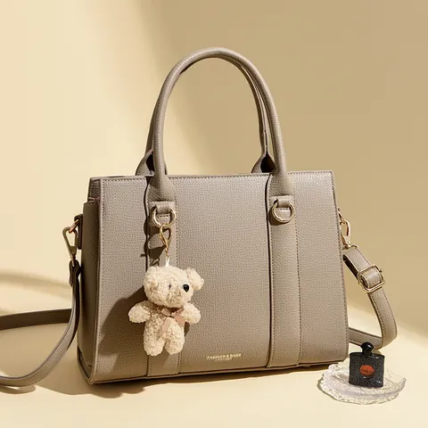 Sac à Main en Cuir de Vachette Mode pour Femmes Motif Litchi Tote Bag Avec Pendentif Ours Élégant Sac à Bandoulière de Banlieue