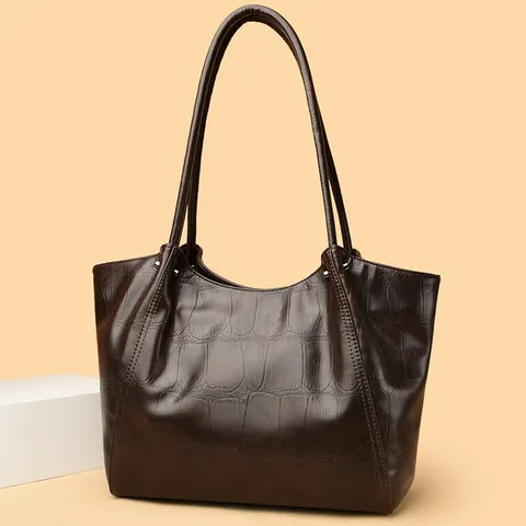 Women Large Capacity Tote Bag Crocodile Pattern Composite Cowhide Leather Shoulder Handbag Commuter Office Bag Elegant Pleated Solid Color Purse