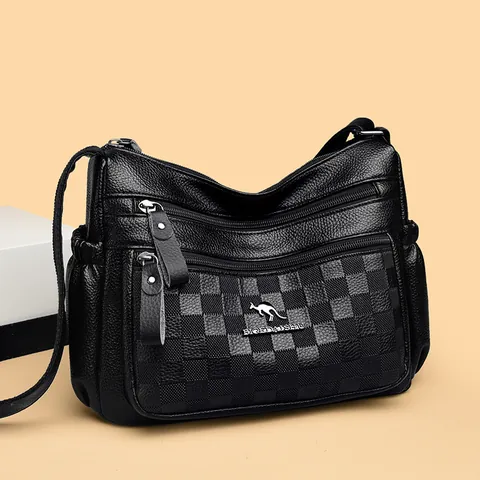 Women's Fashion Faux Leather Crossbody Bag Classic Checkerboard Pattern Multi-Pocket Shoulder Bag With Kangaroo Metal Logo