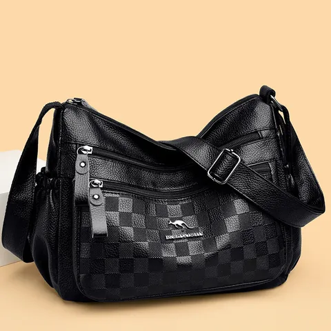Women's Fashion Faux Leather Crossbody Bag Classic Checkerboard Pattern Multi-Pocket Shoulder Bag With Kangaroo Metal Logo