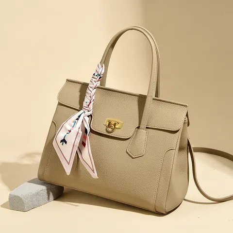 Elegant Women Genuine Leather Kelly Handbag Luxury Lychee Texture Crossbody Bag With Decorative Satin Scarf Golden Lock