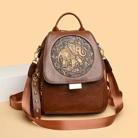 Mochila de Cuero Compuesto Vintage para Mujer con Remaches y Bordado de Elefante en Relieve Bolso de Viaje Moda Multiusos