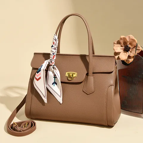 Elegant Women Genuine Leather Kelly Handbag Luxury Lychee Texture Crossbody Bag With Decorative Satin Scarf Golden Lock