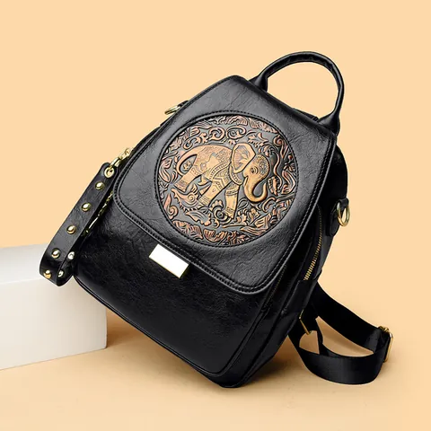 Mochila de Cuero Compuesto Vintage para Mujer con Remaches y Bordado de Elefante en Relieve Bolso de Viaje Moda Multiusos