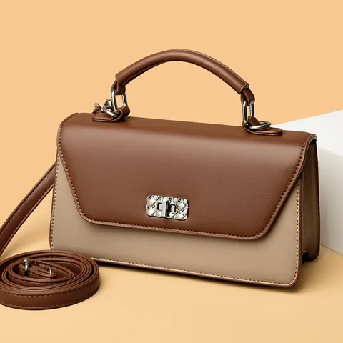 Fashion Women PU Leather Small Square Bag Color Block Lock Closure Handbag With Detachable Shoulder Strap Crossbody Bag