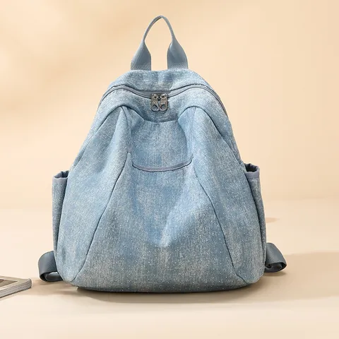 Vintage Denim Studded Backpack For Women Fashion Rhinestone School Bag Large Capacity Travel Rucksack Punk Style Daypack