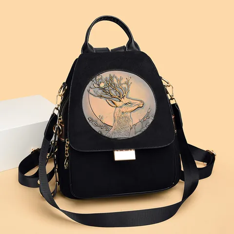 Vintage Frosted Suede Artificial Leather Backpack For Women With Deer Relief And Gold Rivets Multi-functional Travel Schoolbag