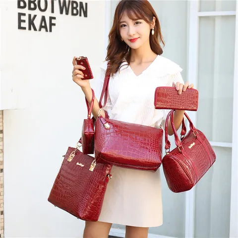 Women Fashion Crocodile Pattern Patent Leather Bag Set Including Tote Boston Crossbody Bag Wallet Pouch Key Holder Handbag Set