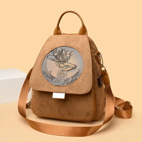 Vintage Frosted Suede Artificial Leather Backpack For Women With Deer Relief And Gold Rivets Multi-functional Travel Schoolbag