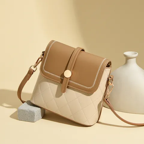 French Quilted Rhombus Bucket Bag Elegant Genuine Leather Crossbody Bag For Women Retro Stitching Single Shoulder Bag