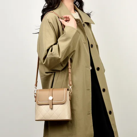 French Quilted Rhombus Bucket Bag Elegant Genuine Leather Crossbody Bag For Women Retro Stitching Single Shoulder Bag