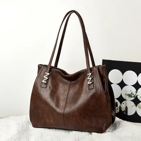 Women Genuine Leather Large Tote Bag Retro Commuter Shoulder Bag Double Straps Zipper Closure Fashion Solid Color Handbag