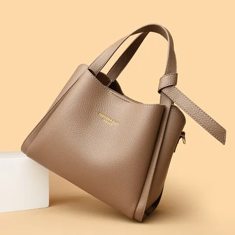 Damen Beuteltasche Aus Echtem Leder Mit Litschi-Maserung Handtasche Mit Großer Kapazität Schultertasche Mit Verstellbarem Riemen