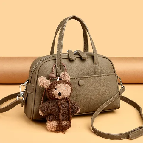 Litchi Texture Composite Cowhide Boston Bag For Women Elegant Handheld Shoulder Crossbody Pillow Bag With Bear Pendant Jewelry Bag