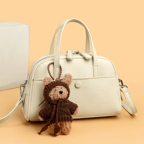 Litchi Texture Composite Cowhide Boston Bag For Women Elegant Handheld Shoulder Crossbody Pillow Bag With Bear Pendant Jewelry Bag