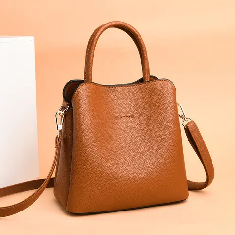 Women Litchi Pattern Split Leather Handbag Fashion Bucket Shoulder Crossbody Bag Large Capacity Commuter Purse Top Handle