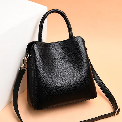 Women Litchi Pattern Split Leather Handbag Fashion Bucket Shoulder Crossbody Bag Large Capacity Commuter Purse Top Handle