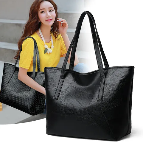 Borsa Tote da Donna alla Moda Grande Capacità in Pelle PU Intrecciata Patchwork Geometrico Borsa a Spalla Casual Minimalista