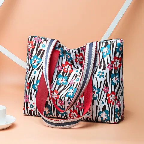 Fashion Women Oxford Cloth Tote Bag Large Capacity Colorful Print Shoulder Bag With Striped Webbing Strap Casual Handbag