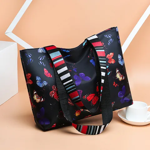 Fashion Women Oxford Cloth Tote Bag Large Capacity Colorful Print Shoulder Bag With Striped Webbing Strap Casual Handbag